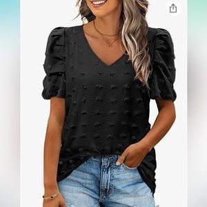 Short Sleeve Tshirts for Women Chiffon V Neck Blouses Cute Puff Sleeve Tops